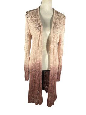 Knox Rose Open Front Crochet Knit Cardigan Duster Ombre Pink/Burgundy Womens Sma